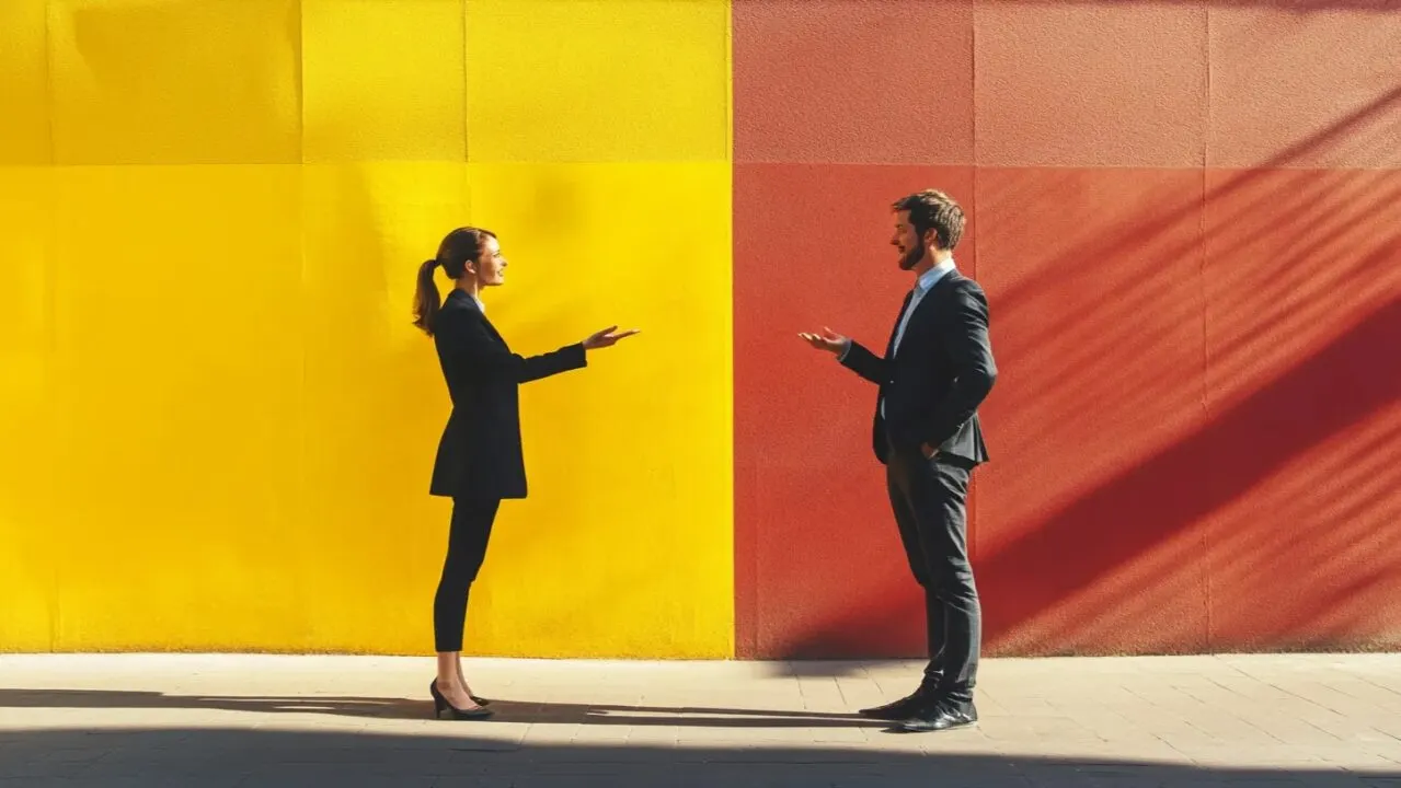 Two colleagues in conversation at work