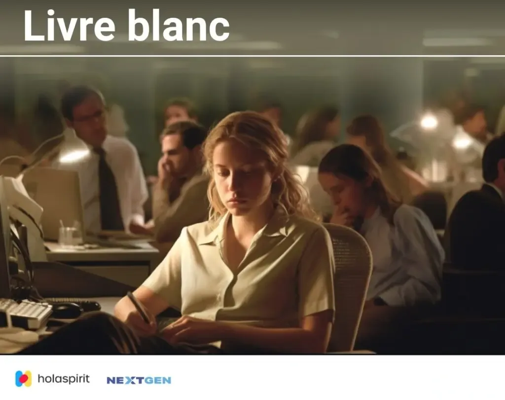 Couverture « Livre blanc » Holaspirit NextGen — des employés à leur bureau dans un open space (sans texte alternatif sur WordPress)